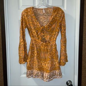 Xhilaration Orange Boho Print Long Bell Sleeve Romper size XS